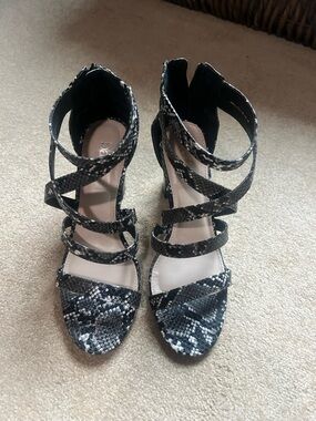 Bar III Black & White Snake-Print Strappy Heeled Sandals